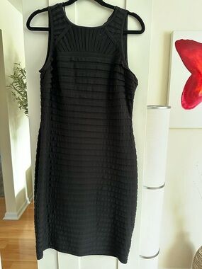 Adrianna Papell Black Tiered Mesh Neckline Sheath Dress